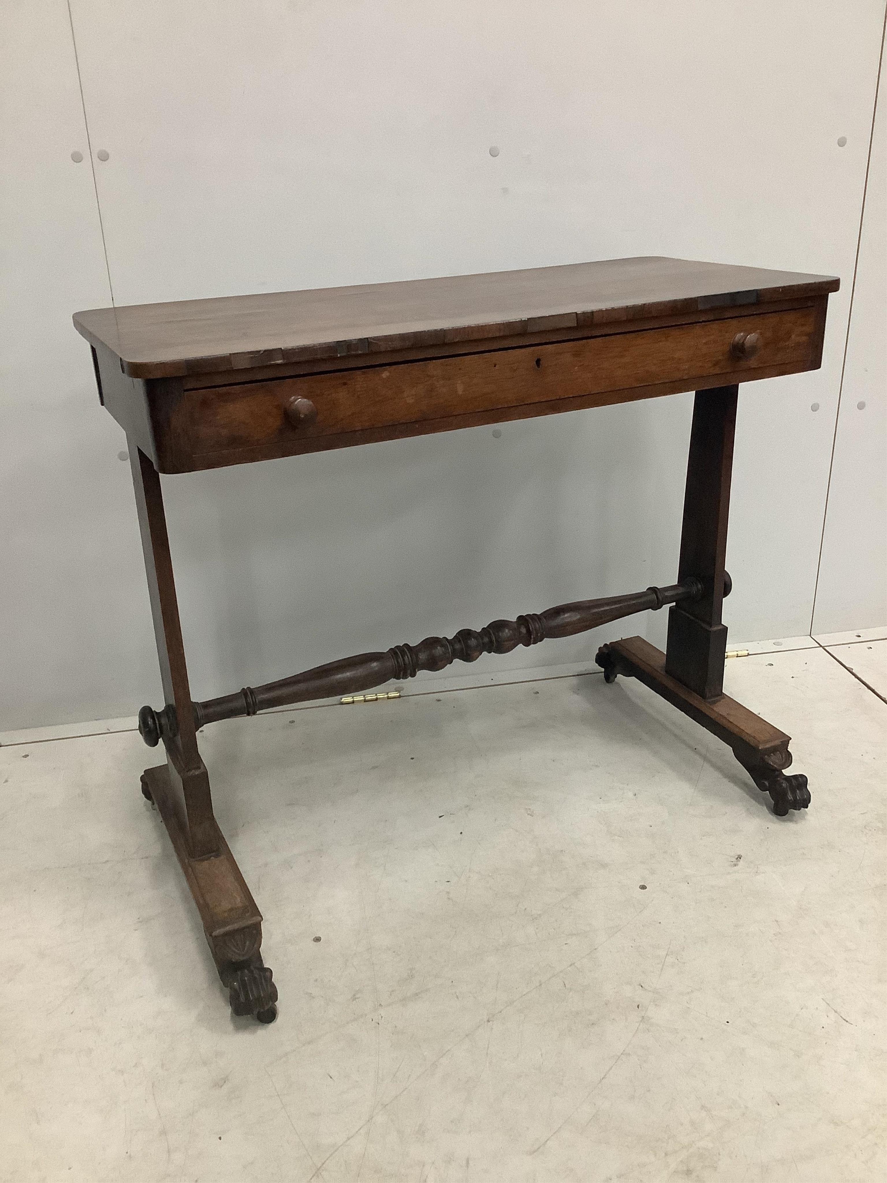 A Regency rectangular rosewood side table, width 86cm, depth 40cm, height 76cm. Condition - fair